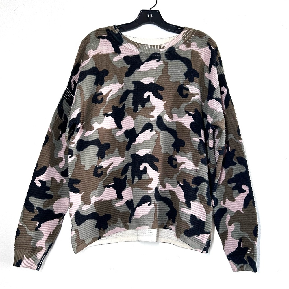 Camo Scoop Neck Ribbed Relaxed Fit Sweater Top